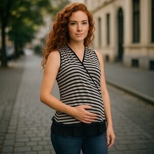 Maternite Womens Top Size M Maternity‎ Black Camel Tan Faux Wrap Striped Halter